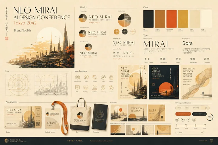 Neo Mirai brand toolkit with warm earth tones, type specimens, symbols, and sample applications.