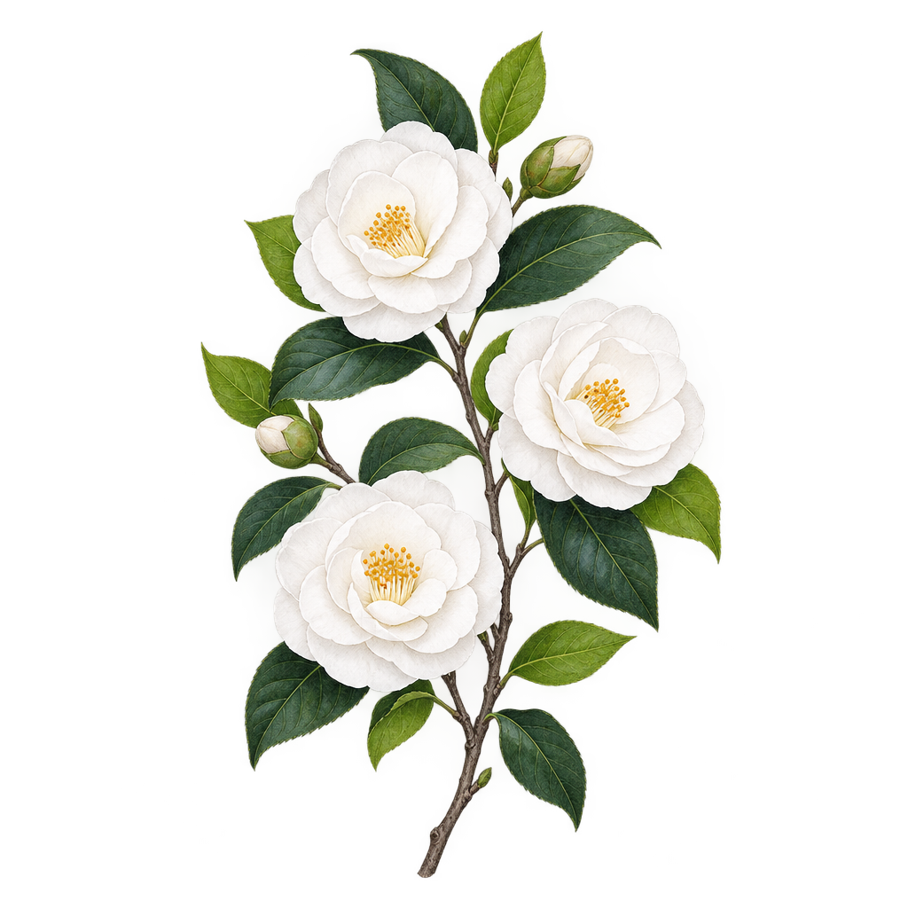 Generated white camellia blossoms and green leaves, with a transparent background.