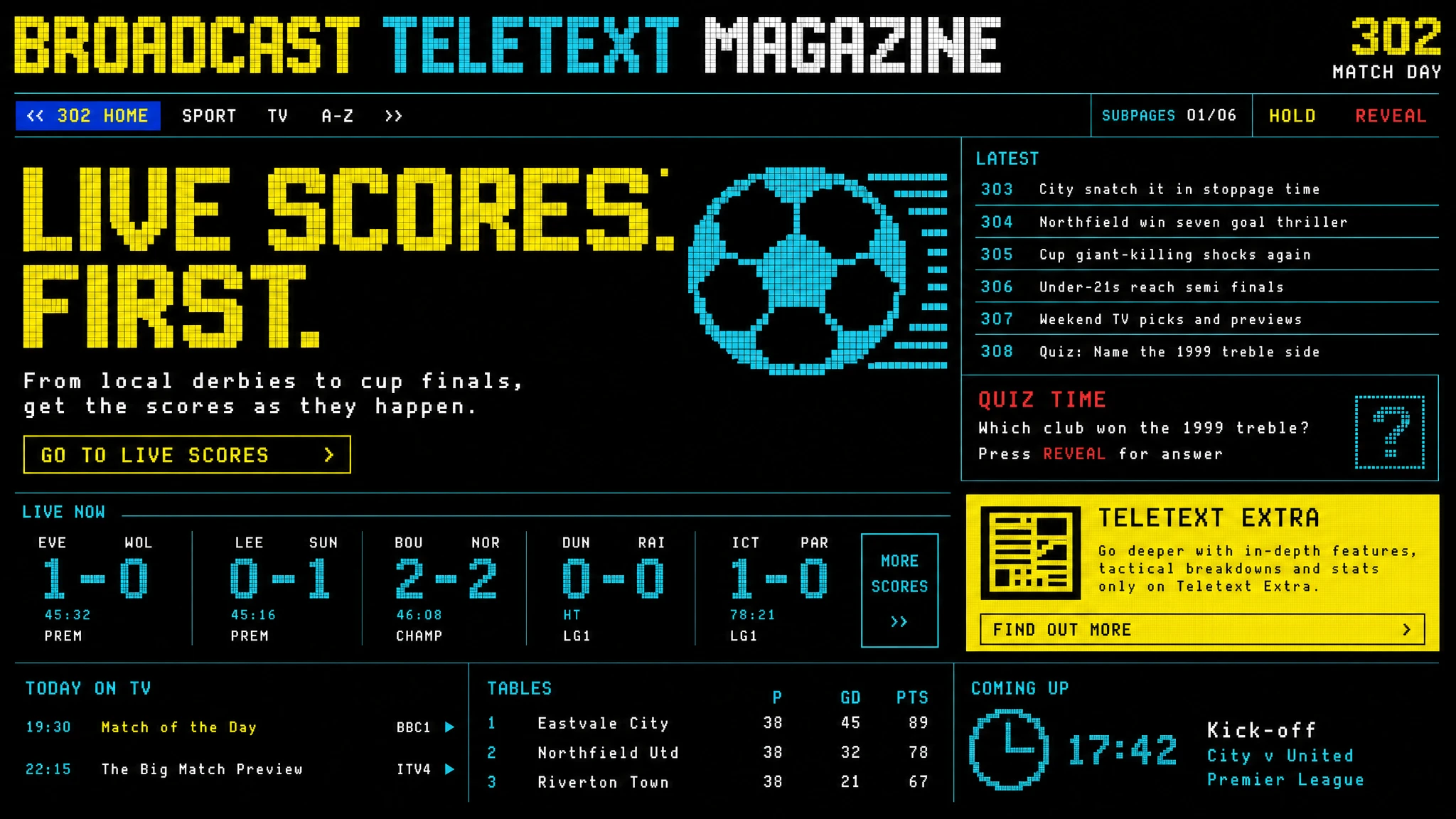 Generated Teletext Service sports page with pixel headlines, football scores, and brightly colored navigation on black.