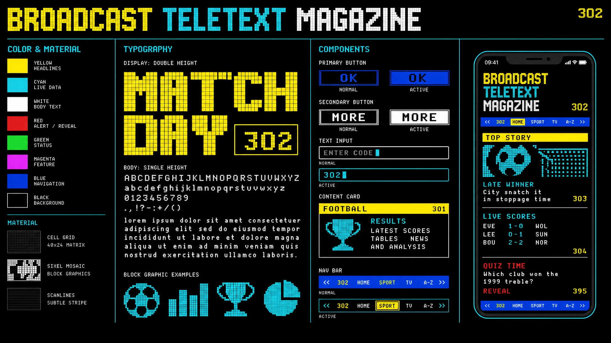 Teletext Service reference board with a black background, bright primary colors, pixel lettering, block graphics, and sample controls.